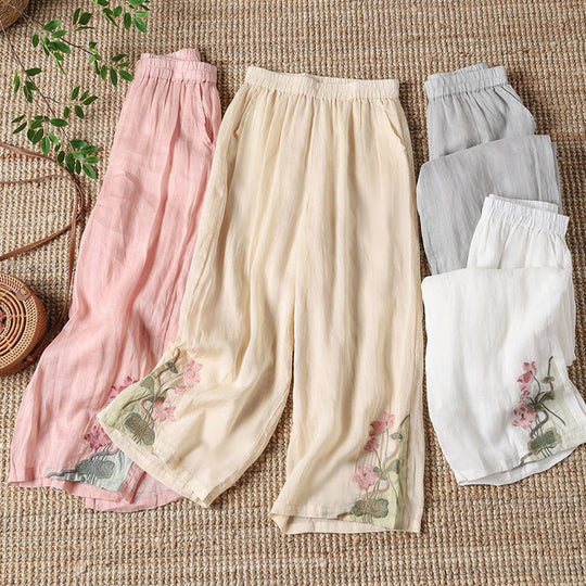 Lässige Blumenstickerei-Hose aus 100 % Baumwolle