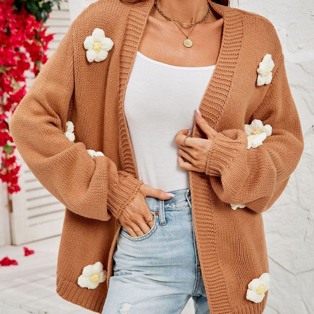Lässiger Damen-Cardigan mit floraler 3D-Deko