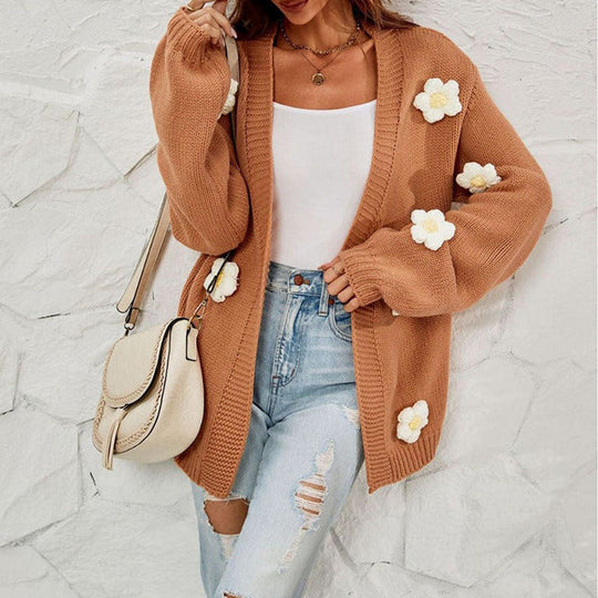 Lässiger Damen-Cardigan mit floraler 3D-Deko