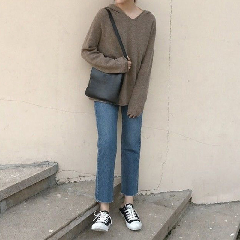 Einfarbige Kapuzen-Pull-Over