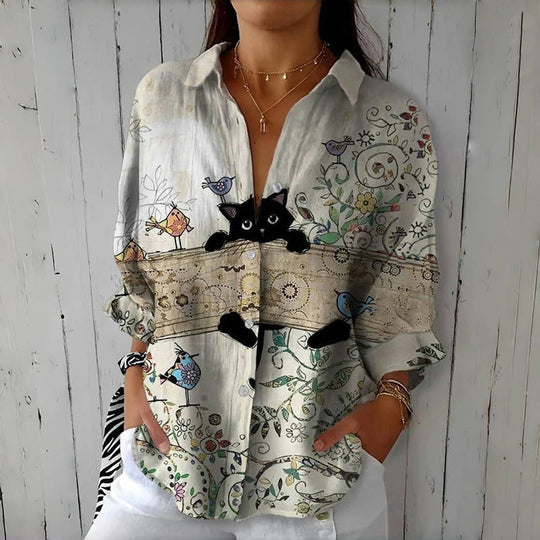 Vintage Bluse mit Kreativem Katzenmuster