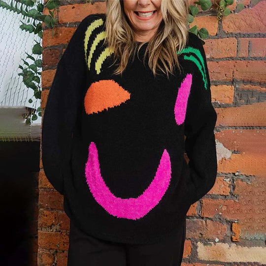 Lässiger Strickpulli mit Smiley-Motiv