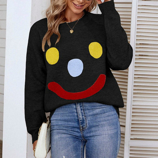 Lässiger Strick-Pull-Sweater mit Smiley-Muster