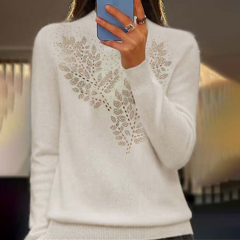 Langärmeliges gestricktes Oberteil mit Blättermotiv