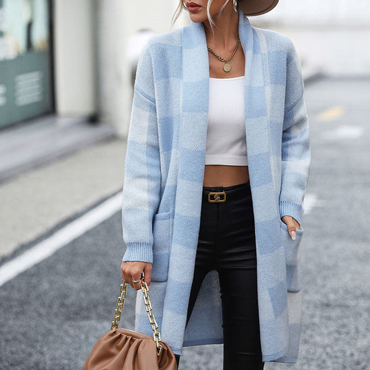 Lässiger Streifen-Karodesign Strickcardigan