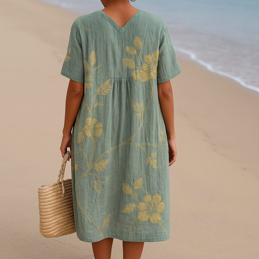 Olivia | Blau-graues Kleid mit floralen Stickereien