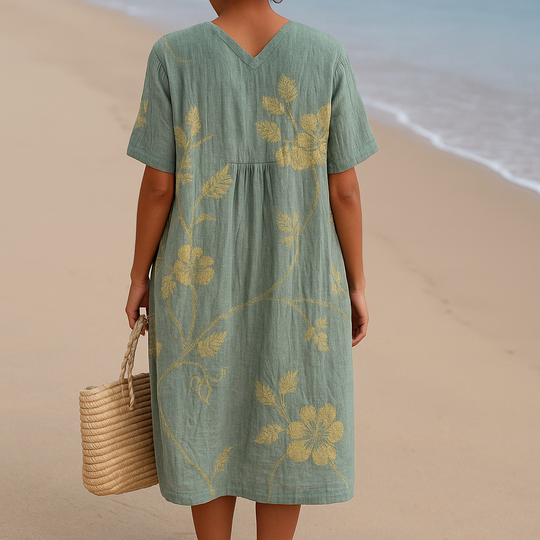 Olivia | Blau-graues Kleid mit floralen Stickereien