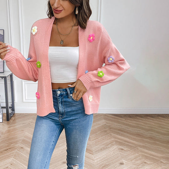 Gestreifter 3D-Blumenstrick-Cardigan