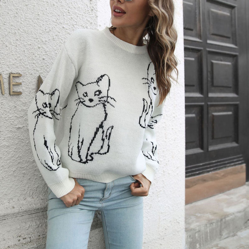 Gestreiftes Strickpulli mit Katzenprint