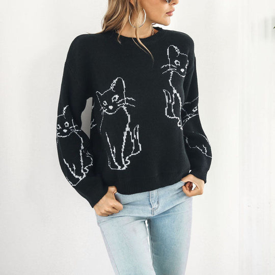 Gestreiftes Strickpulli mit Katzenprint