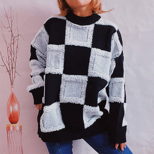 Lässiger Patchwork-Kariert-Pullover