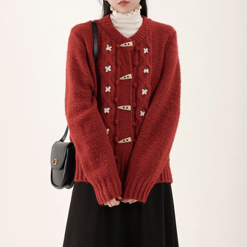 Lässiger gestrickter Blumen-Cardigan