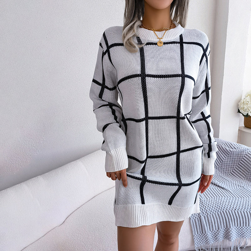 Entspannte Plaid-Knitted Kleid