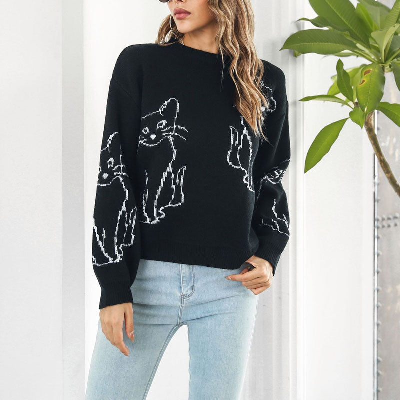 Gestreiftes Strickpulli mit Katzenprint