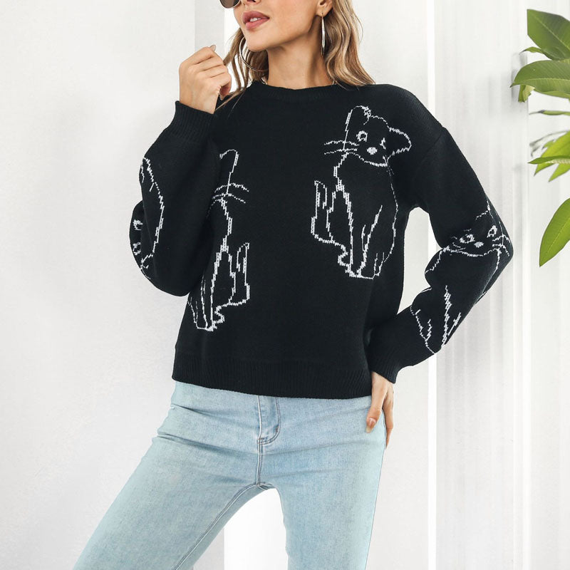 Gestreiftes Strickpulli mit Katzenprint