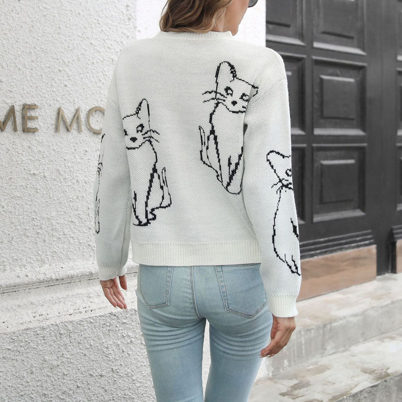 Gestreiftes Strickpulli mit Katzenprint