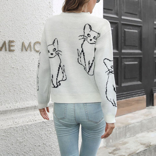 Gestreiftes Strickpulli mit Katzenprint