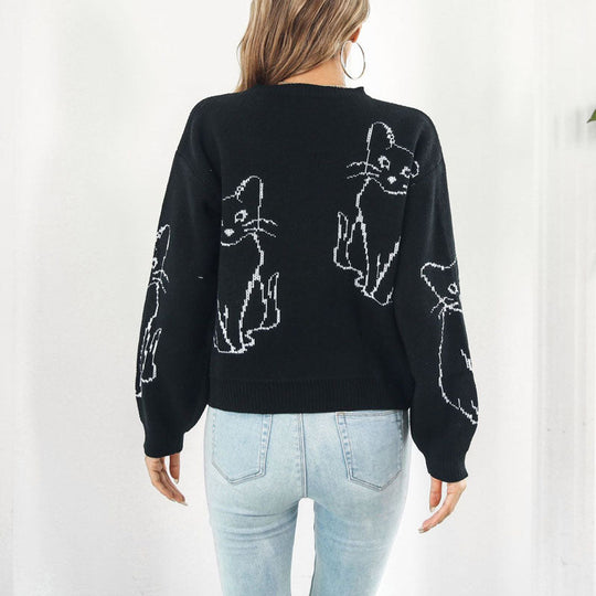 Gestreiftes Strickpulli mit Katzenprint