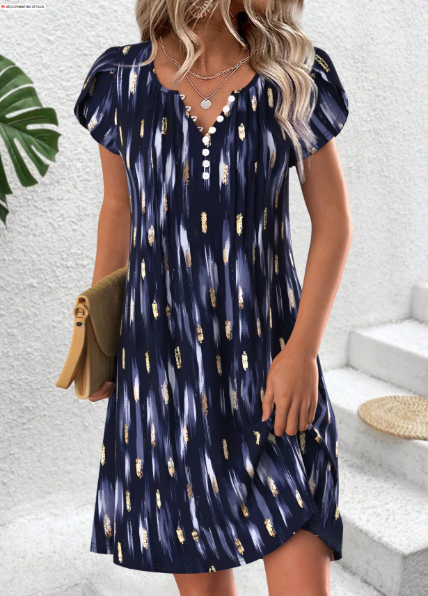 Bunte Blumenprint-Kleid mit kurzem Schlitz und Rundhalsausschnitt