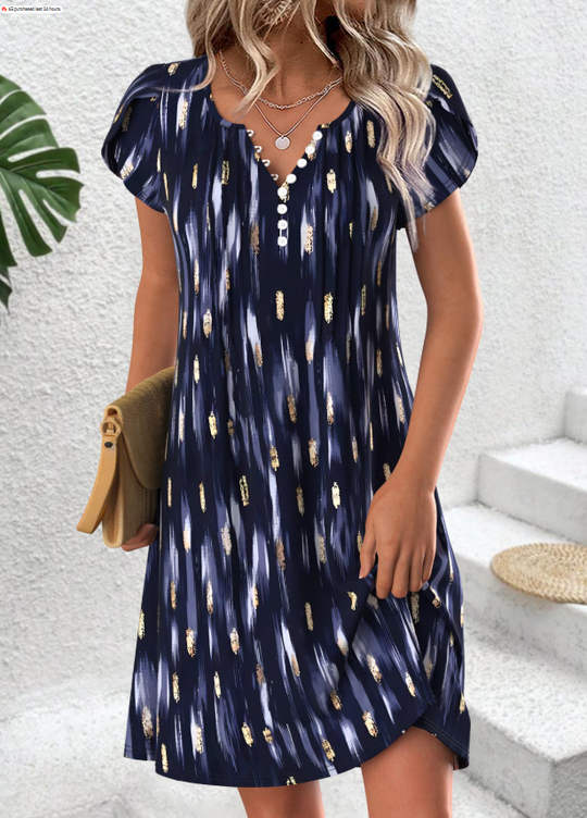 Bunte Blumenprint-Kleid mit kurzem Schlitz und Rundhalsausschnitt