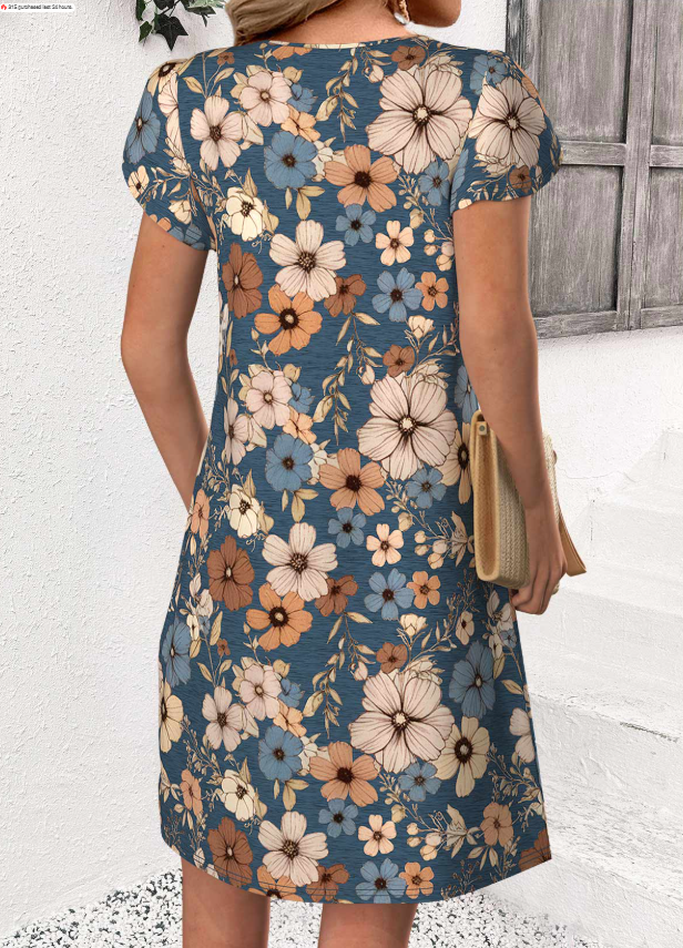 Bunte Blumenprint-Kleid mit kurzem Schlitz und Rundhalsausschnitt