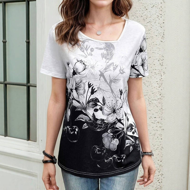 Blumen-T-Shirt mit Farbblöcken