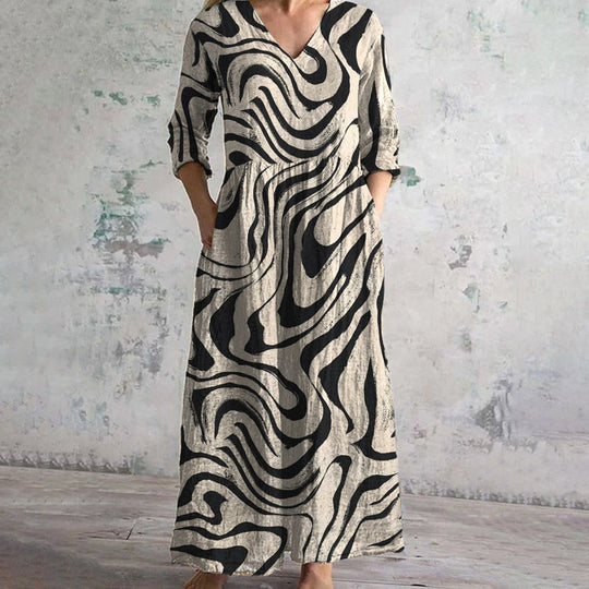 Vintage-bedrucktes Kleid mit langen Ärmeln